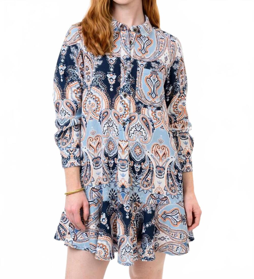 NEW UNCLE FRANK paisley flounce shirt mini dress in navy